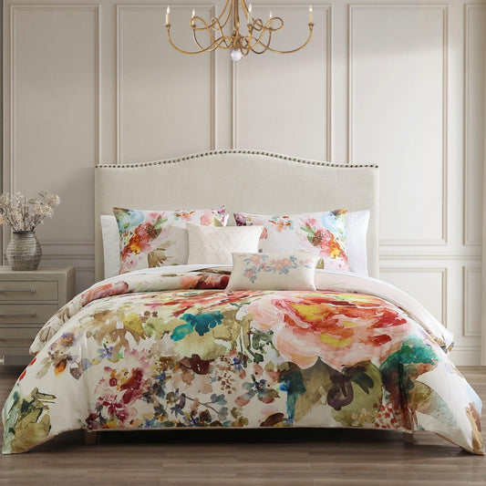 Bebejan Antique Flowers 5 Piece Comforter Set, 100% Cotton Sateen, 200 Thread Count, Ivory Floral Reversible Bedding Comforter Set, 1 Comforter, 2 Shams & 2 Pillows (King/Cal King)
