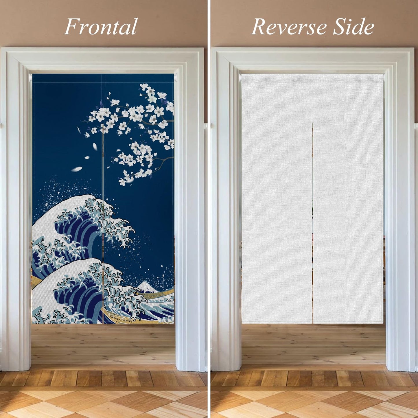 Leowefowa Japanese Noren Doorway Curtain Long Style Japanese Waves Cherry Blossom Printed Fengshui Window Treatment Door Curtain Tapestry for Room Privacy Divider Home Kitchen Decor, 33.5"x 70.9"