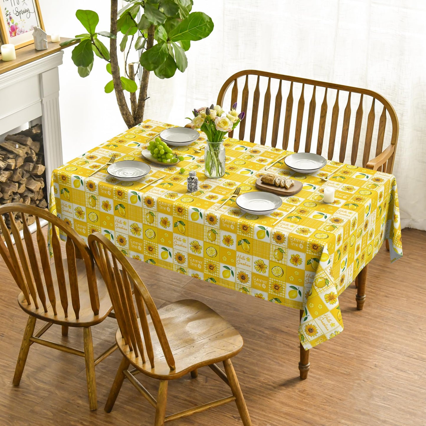 Horaldaily Summer Tablecloth 60×84 Inch Rectangular, Patchwork Bufflo Grid Yellow Lemon SunflowerWashable Table Cover for Party Picnic Dinner Decor