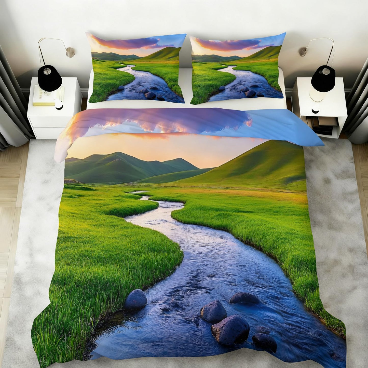 Grassland Comforter Cover 80" x 90", Green Prairie Bedding Full Size, Spring Landscape Duvet Cover with 2 Pillowcases