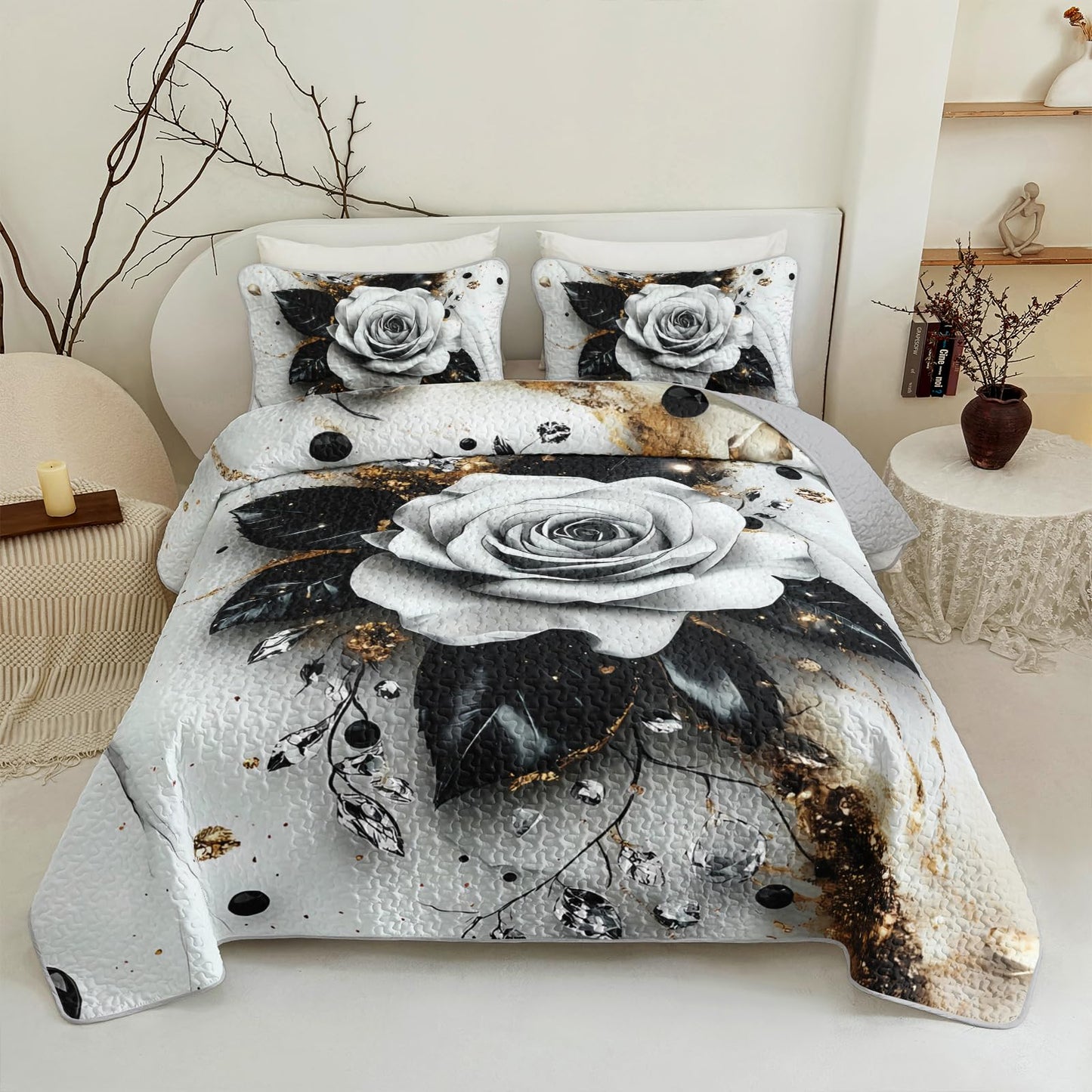 QOOMO Cartoon Flowers Kids Quilt Set,Plant Print Bedding Set Twin Size,Black White Room Decoration Soft and Lightweight for All Seasons,1 Quilt Set 2 Pillowcases