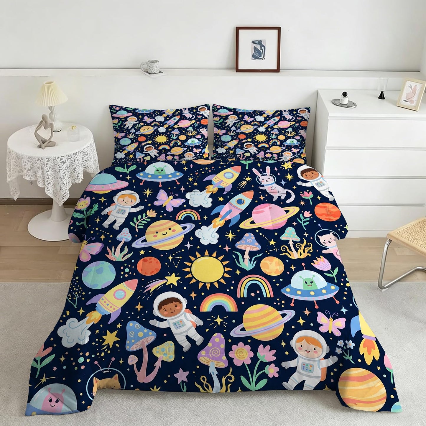 DJNEAR Kids Space Adventure Comforter Set, Astronaut and Rocket Print Bedding Set Full Size for Kids Boys Girls Teens, Soft Microfiber Room Decor 1 Comforter 2 Pillowcase