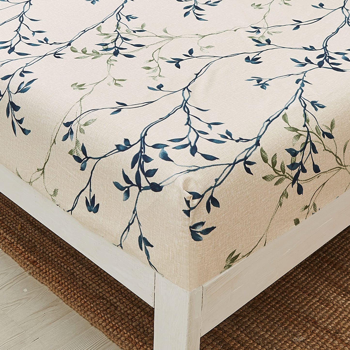JSD Beige Leaves Printed Sheet Set King Size, 4 Piece Botanical Pattern Microfiber Sheets Extra Deep Pocket
