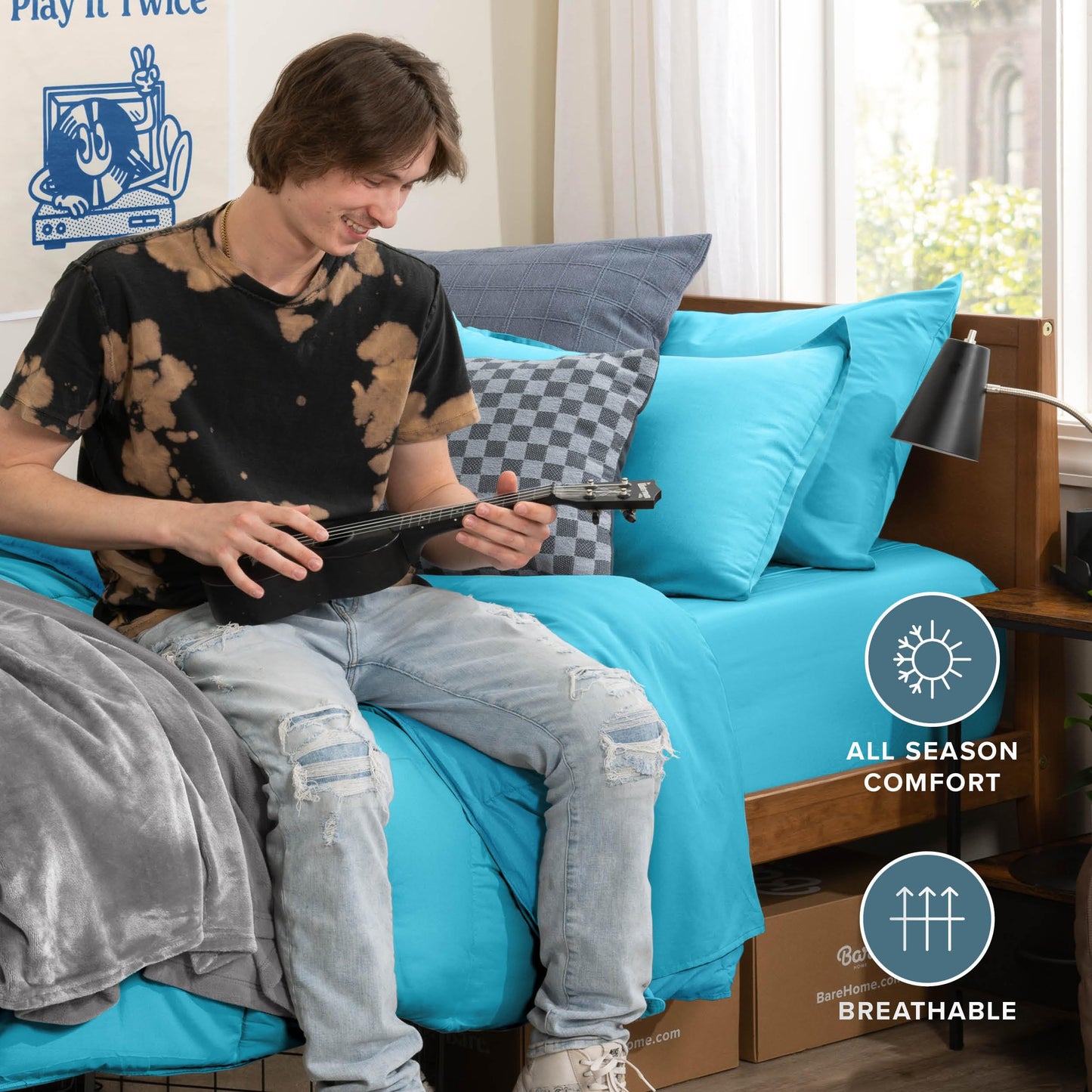 Bare Home Bed-in-A-Bag 5 Piece Comforter & Sheet Set - Twin XL - Goose Down Alternative - Ultra-Soft 1800 Premium Bed Set (Twin XL, Aqua/Aqua)