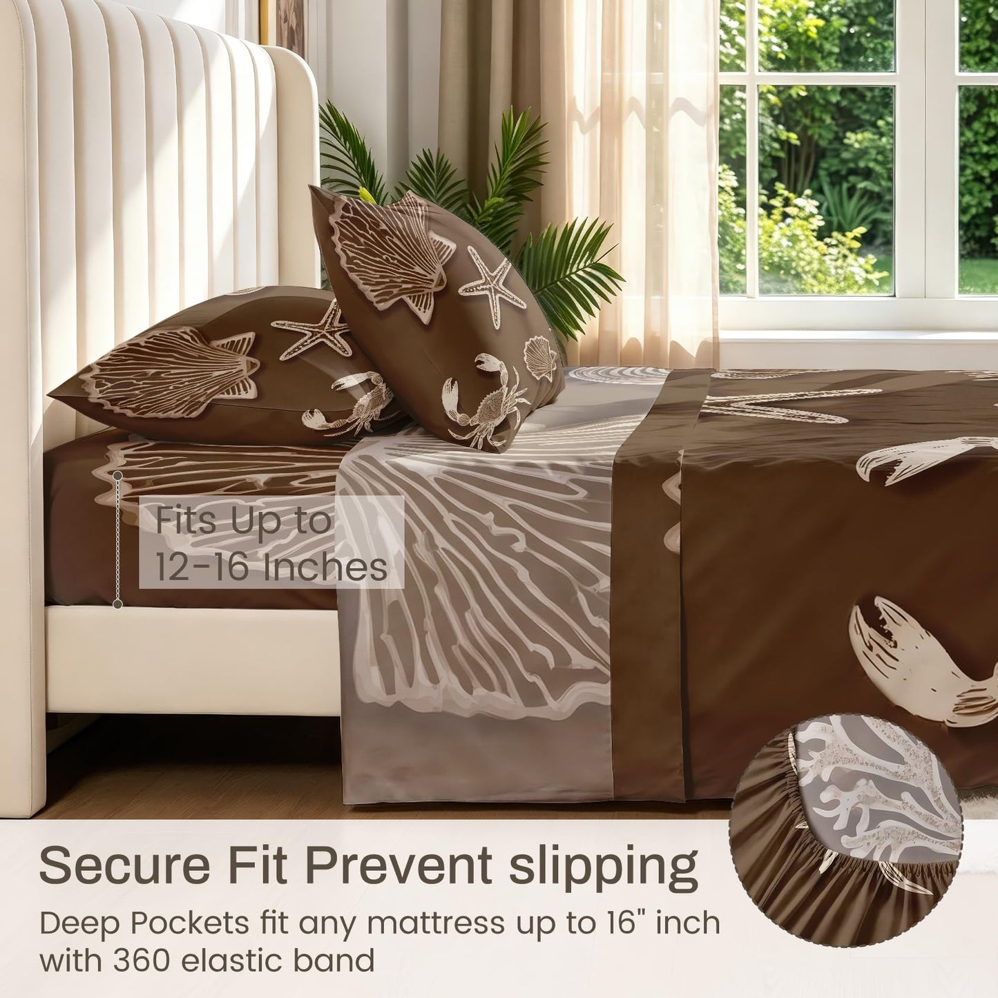 Seashell Full Sheet Set 4 Pcs Brown Coastal Bed Sheets