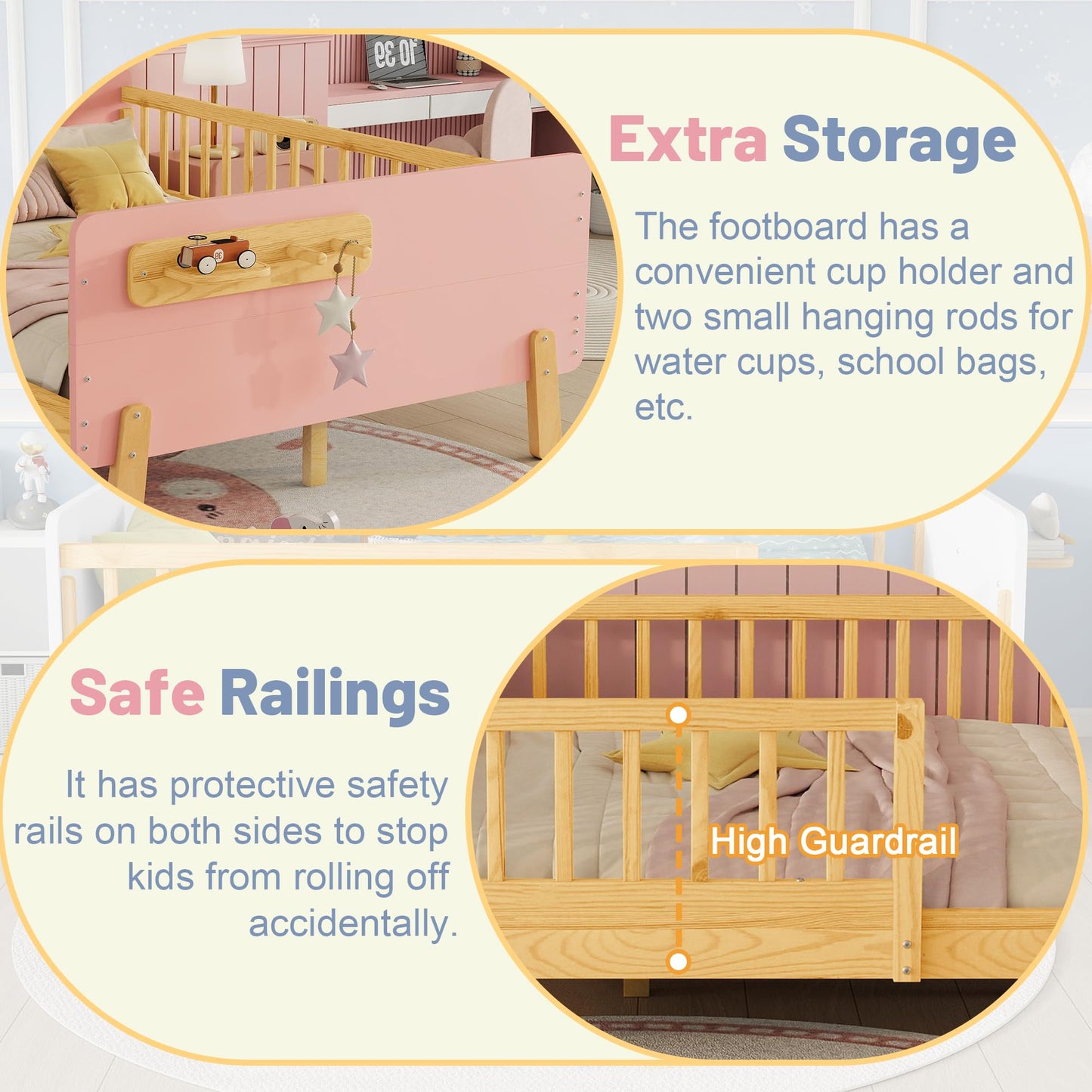 Aurnienofus Full Size Bed Frame with Removable Rails, Montessori Wood Beds with Headboard, Storage Shelf & 2 Hanging Rod, Full Bed Frames Low to Ground for Children Boys Girls, Pink