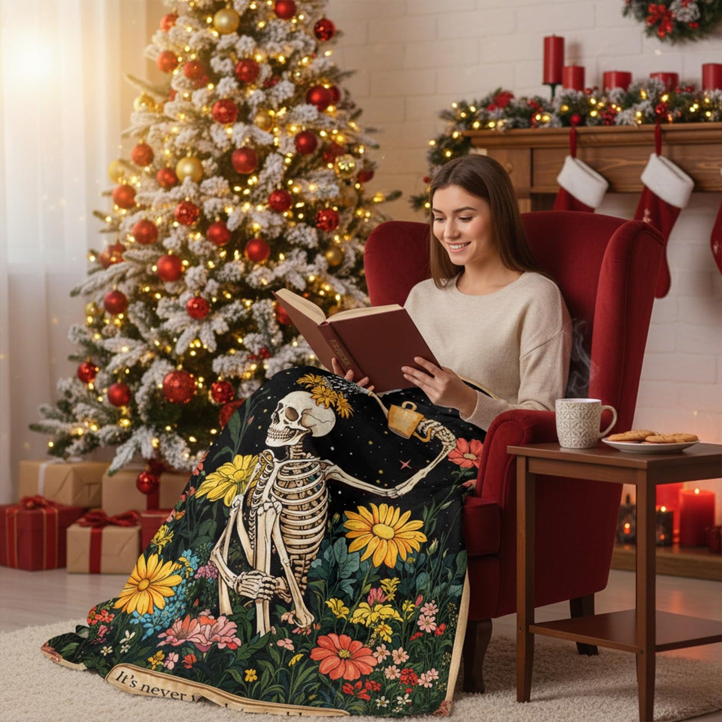 kampdream Life & Hope Flannel Blanket, Skeleton Watering Flowers, Super Soft & Warm Couch Sofa Living Room Optimistic Decor Ideal Gift for Family Friends 50×60 inch
