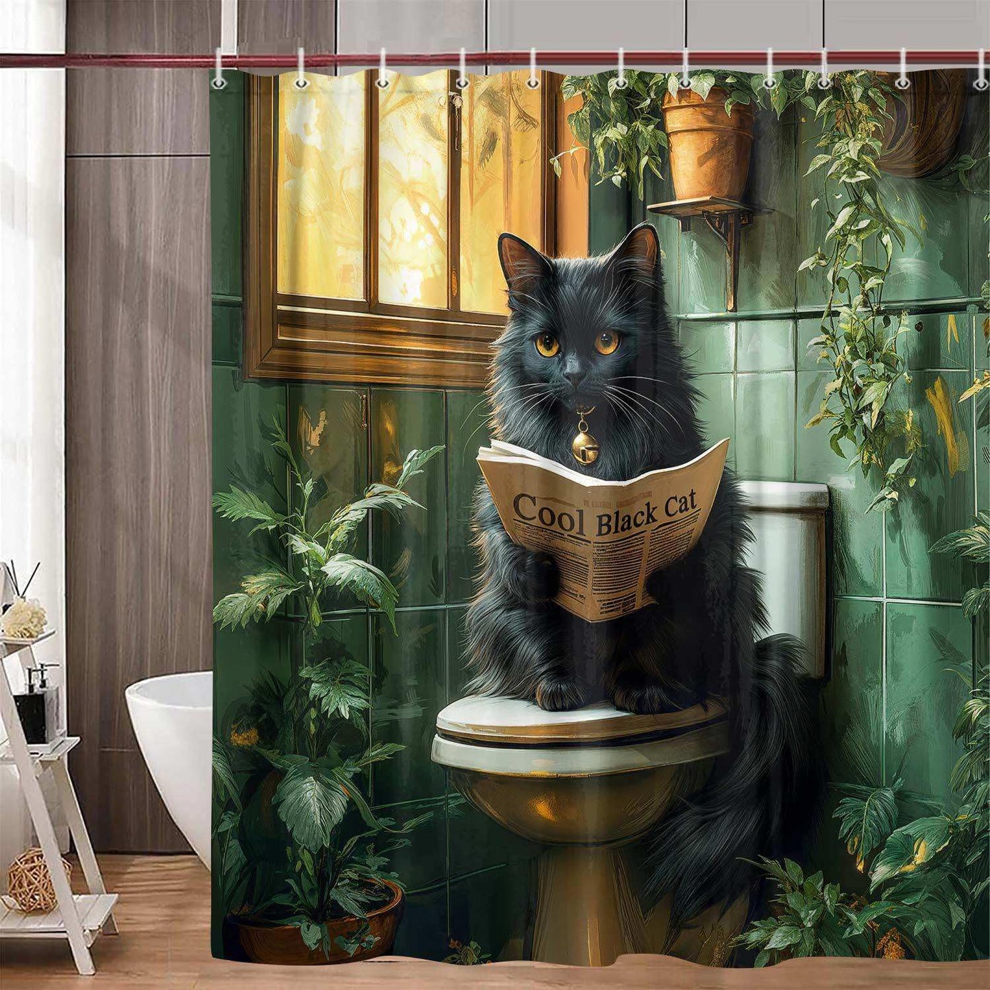 YDIDIAN Funny Black Cat Shower Curtain, Fun Animal Restroom Fabric Shower Curtains for Bathroom, Cat Toilet Reading Newspaper Bath Decor Decorative, with Hooks, 70X70IN