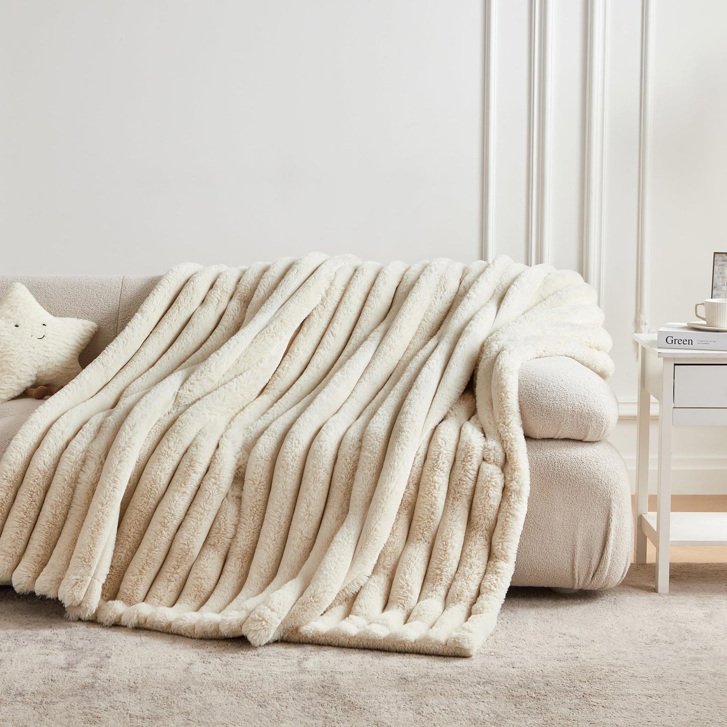 Serenhom 50x60 Inches Ultra-Soft Fuzzy Faux Fur Throw Blanket, Plush Striped Blanket - Thick, Warm Sherpa for Couch, Sofa, Bedroom, Camping - Decorative Blanket for Cozy Warmth, Beige