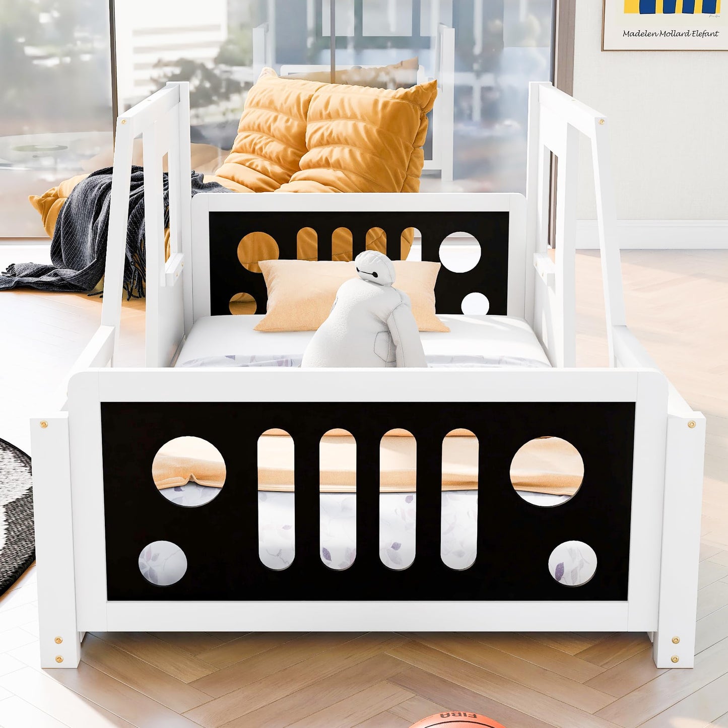 Bellemave Twin Size Car Bed, Classic Car-Shaped Platform Bed with Wheels, Wood Twin Montessori Floor Bed for Kids Boy Girls (White+Black)