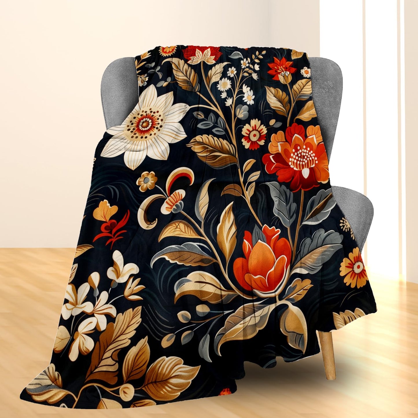Ti Caldi Luxurious Floral Blanket Flannel with Rich Floral Design - Soft, Cozy, and Lightweight Throw Blanket, Perfect for Couch, Bed, Travel, and Outdoor Use - Fluffy, Fuzzy Home Decor 60"x50"