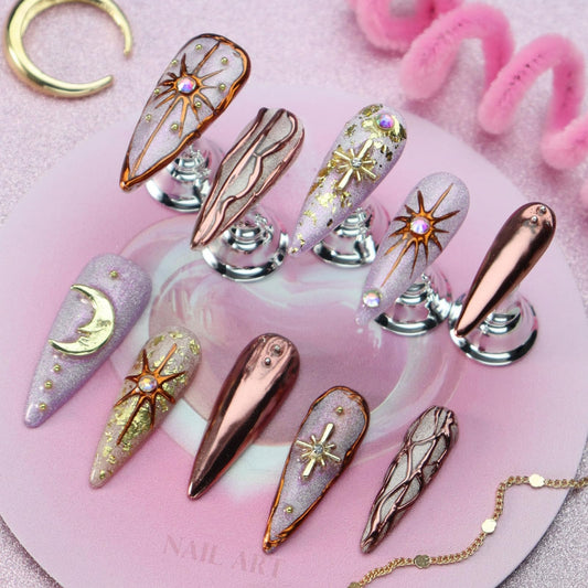 Star Moon Press on Nails Long Stiletto Fake Nails Pure Handcrafted Nail Mirror Effect Glue on Nails Glitter False Nail with Design Rhinestone Stick on Nail for Women Girls Luxury Manicure (L)