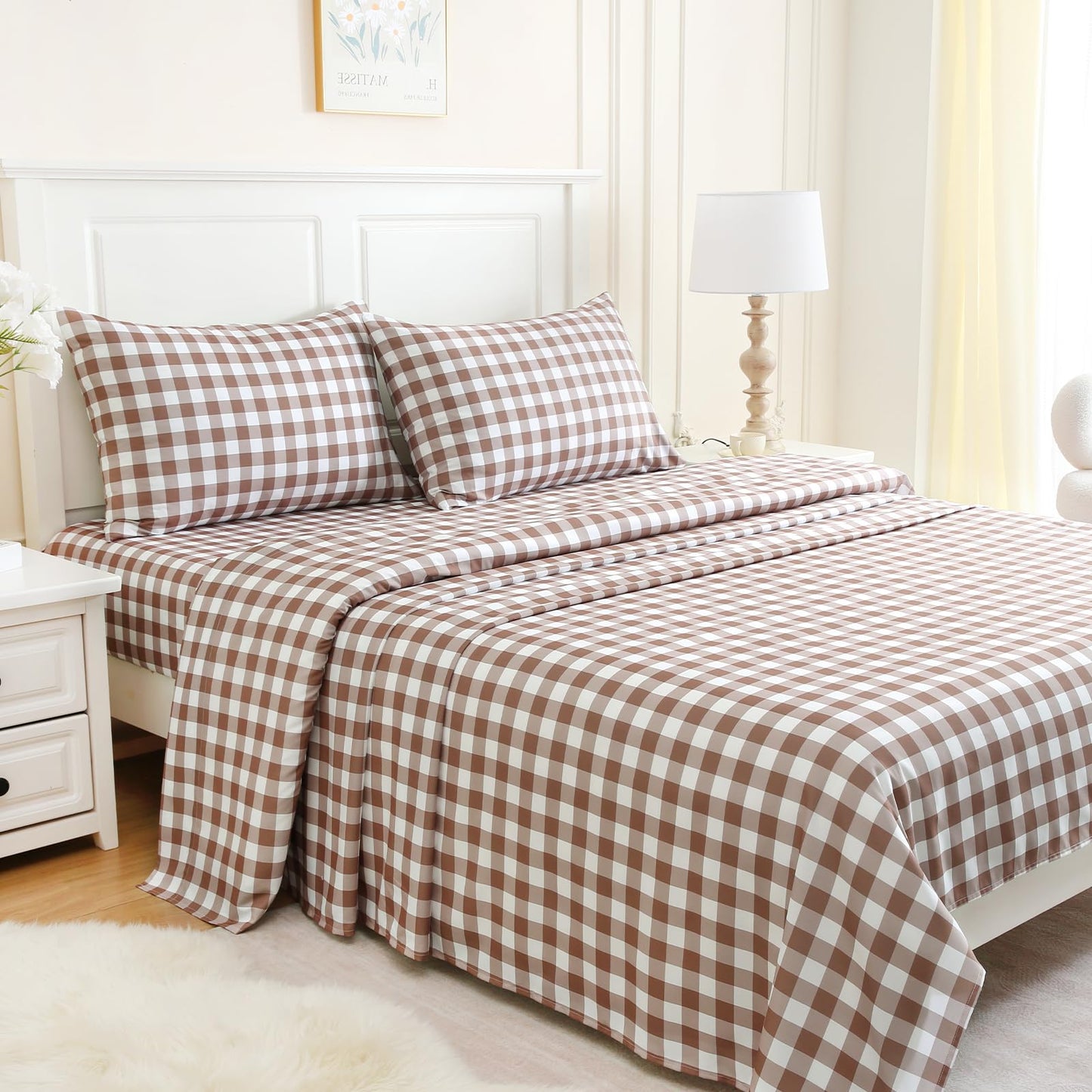 MICORAL Queen Sheet Set Tan Gingham Plaid, 4-Piece Brushed Microfiber Taupe Grid Bed Sheets, 16" Deep Pocket, Ultra Soft & Cooling Sheet, Oeko-TEX Certified, Light Brown