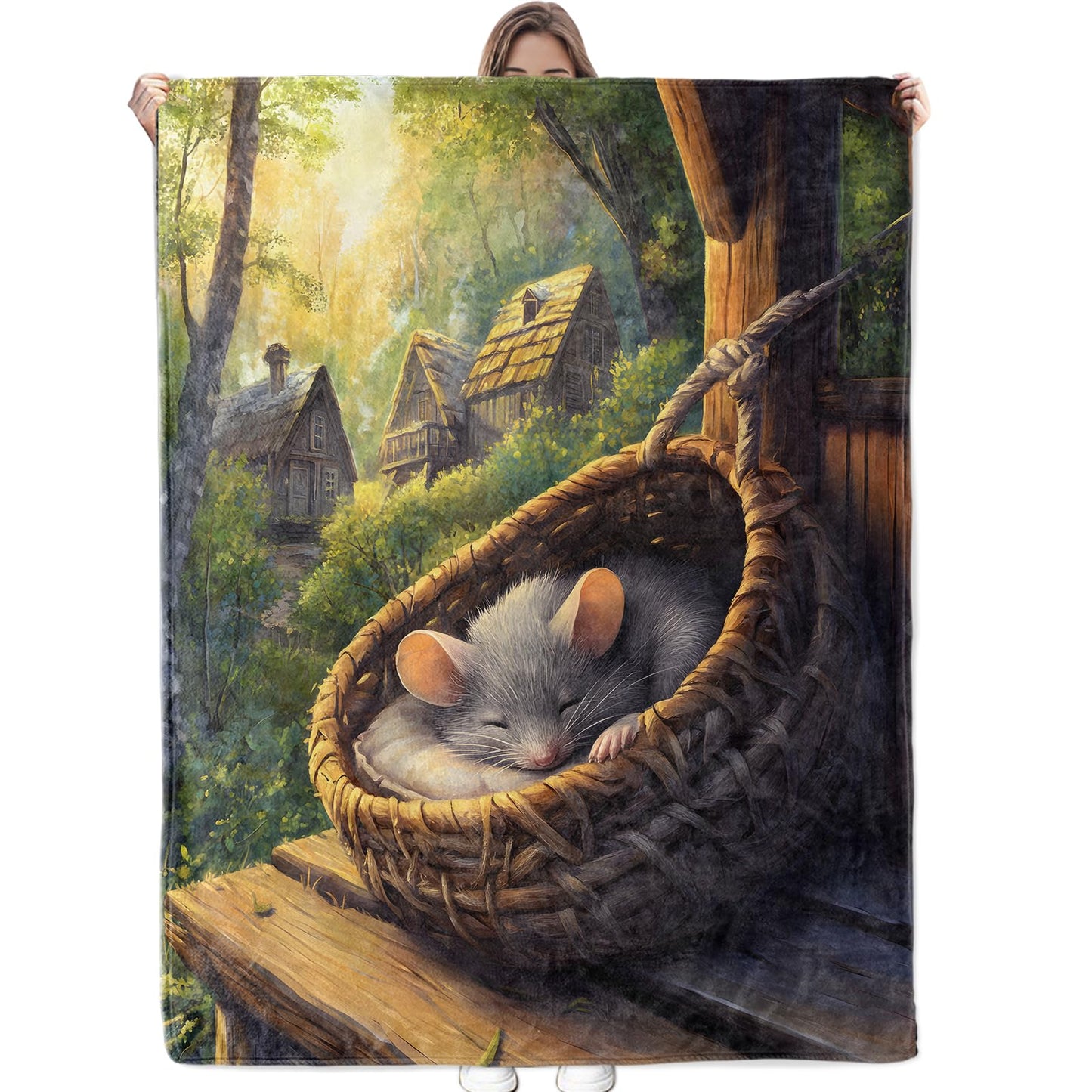 Bidesk Cute Mouse Blanket Soft Cozy Flannel Throw Blanket, Warm Yet Lightweight Sleeping Rat in Woven Basket Blankets for Travel, Couch, Bed, for Adults Women Girls, Fuzzy Outdoor Comfort Wrap 60"×50"