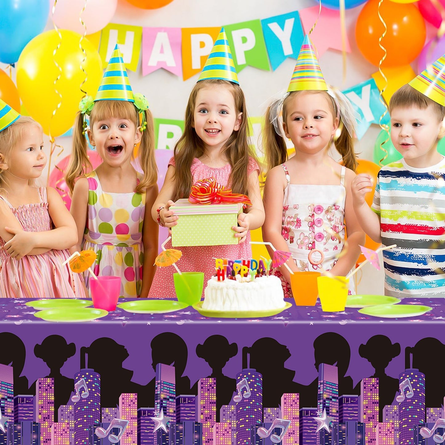 Feuid Gniea Korean Pop Singer Table Cloths - 3 Korean Idol Singer Musical Table Cover Disposable Plastic Waterproof Tablecloths Purple Cartoon Party Supplies for Boys Girls Fans Concert Birthday Party
