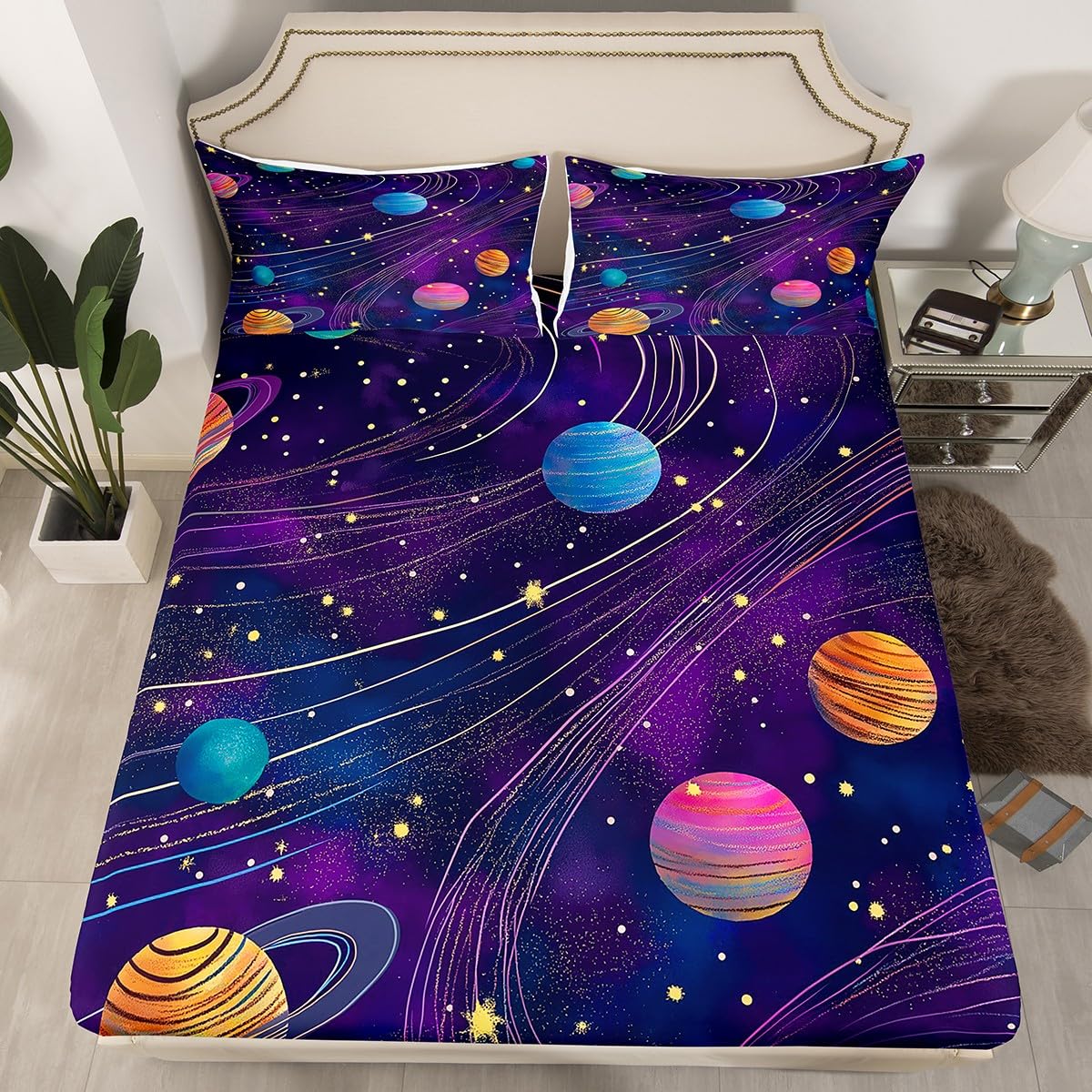 Erosebridal Galaxy Bed Sheet for Kids Boys Girls,Out Space Sheet Sets Full Size,Glowing Neon Solar System Bedding Set,Gradient Nebula Fitted Sheet Flat Sheet 2 Pillowcases Bedroom Decor