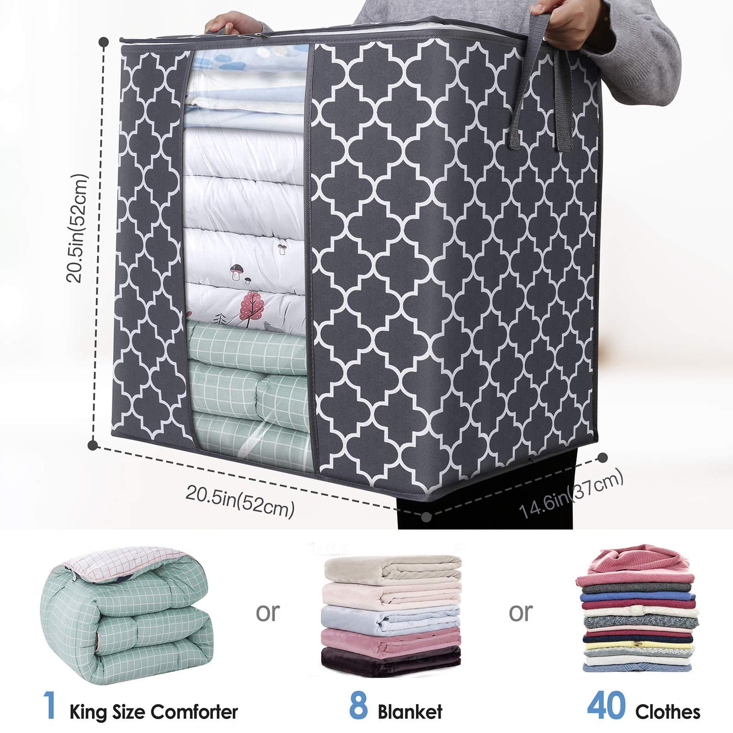 WISELIFE Storage Bags 3 Pack/100L Large Blanket Clothes Organization and Storage Containers for Comforters,Bedding, Foldable Organizer with Reinforced Handle, Clear Window, Sturdy Zippers,Gray