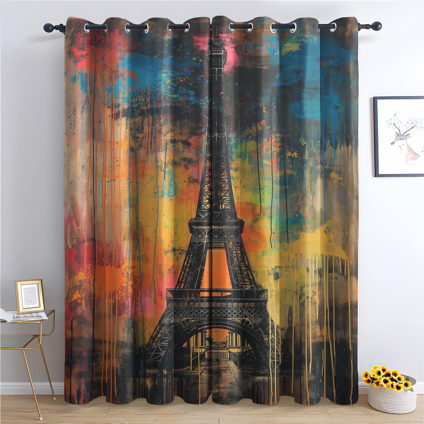 Phtbz Paris Cityscape Curtains 45 Inch Length 2 Panels Set, Eiffel Tower Patterned Blackout Curtains for Bedroom, Living Room Decor, Room Darkening Thermal Insulated Grommet Drapes