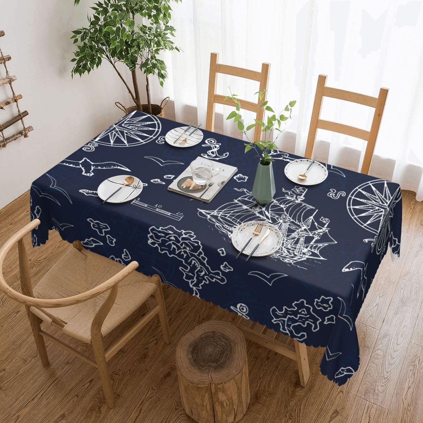 DRAVVIX Marine Nautical Rectangular Tablecloth Adventures Ships Table Cloth with Wavy Lace Decoration Polyester Table Cover for Dining, Parties 54x72 inch