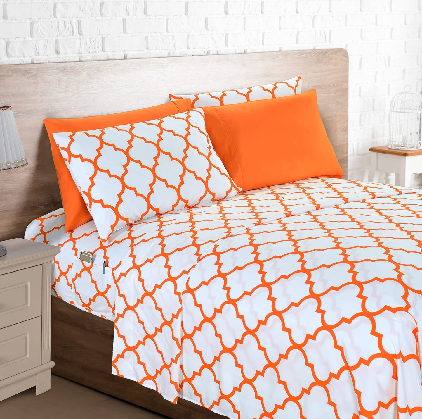 Elegant Comfort 6-Piece Moroccan Trellis Print Sheet Set, Super Cozy, Fade and Wrinkle Resistant, 1500 Premium Hotel Quality Microfiber, Deep Pocket Fitted Sheet with Smart Pockets, Queen, Orange