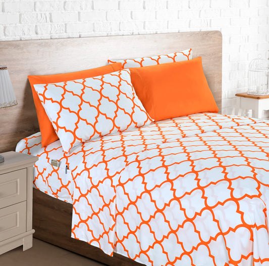 Elegant Comfort 6-Piece Moroccan Trellis Print Sheet Set, Super Cozy, Fade and Wrinkle Resistant, 1500 Premium Hotel Quality Microfiber, Deep Pocket Fitted Sheet with Smart Pockets, Queen, Orange