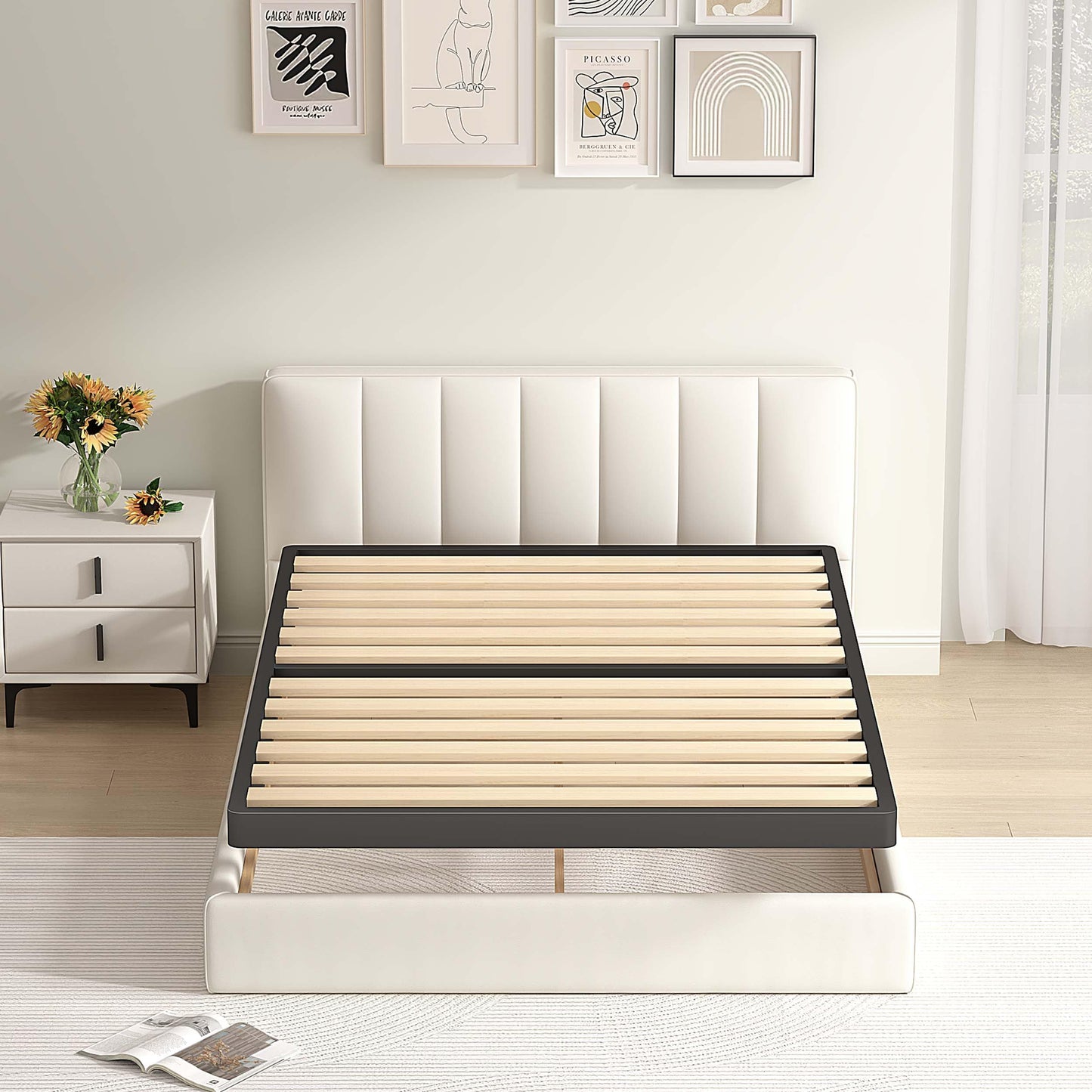 MAF 2 Inch Queen Box Spring with Round Corners, Low Profile Box Spring for Queen Bed, Bunkie Board with Wood Slats Bed Slat Replacement 3500 lbs Black Heavy Duty Mattress Foundation, Easy Assembly