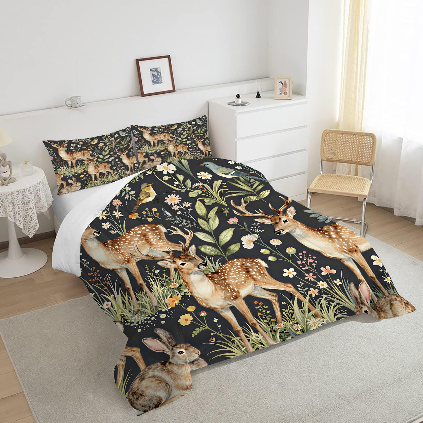 EDGZKO Hunting Themed Comforter Set, Queen Size Deer Rabbit Bedding Set for Boys Girls Kids Teens Adults, Elk Moose Quilt Duvet Bed Set, Wild Animals Bedroom Decor 1 Comforter & 2 Pillowcases