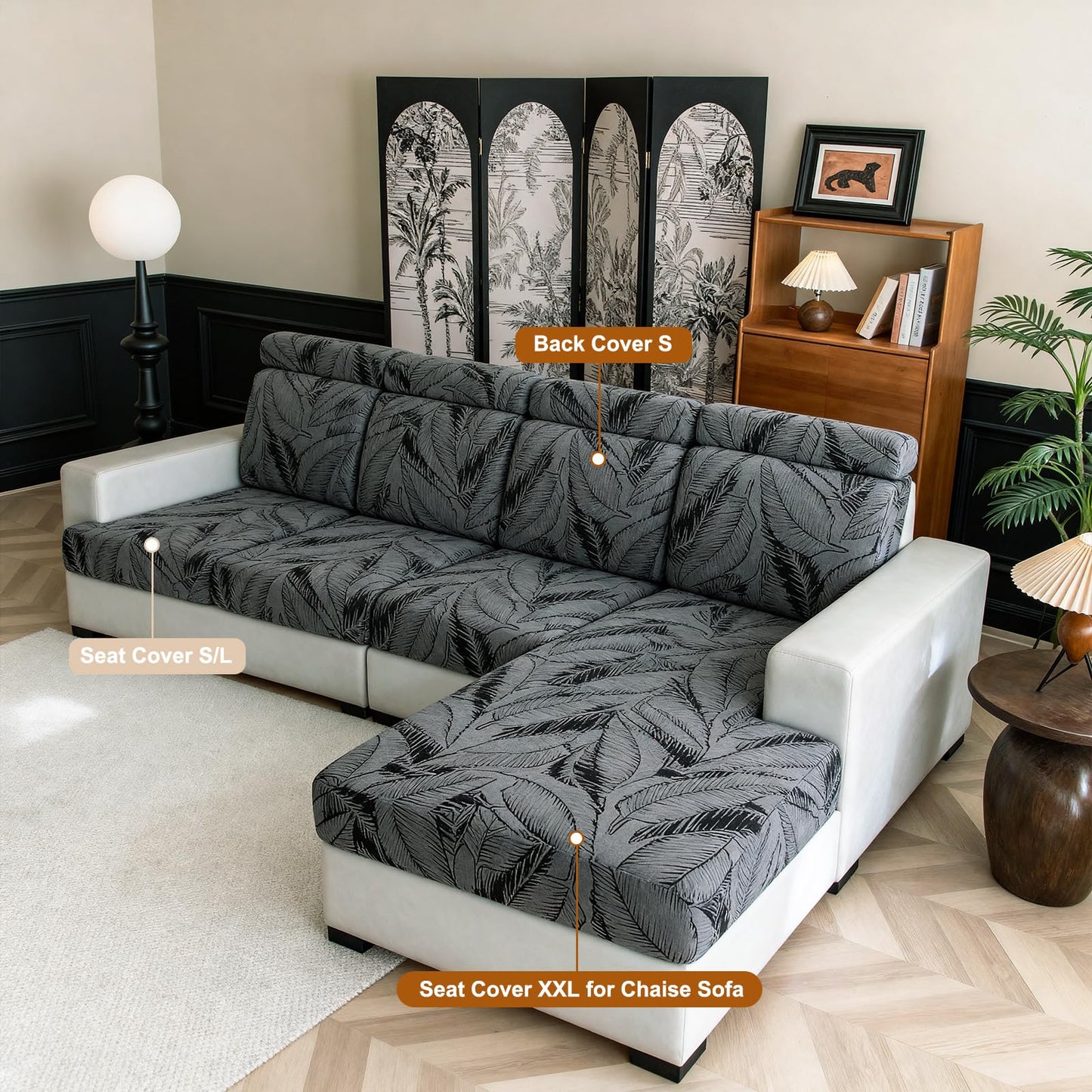 VOGOL Stretch Sofa Cushion Cover, Tropical Botanical Leaf Print Couch Slipcover for 2 or 3 Seater, High Elasticity Furniture Protector, 25x53 Inches, 1 Piece, Gray