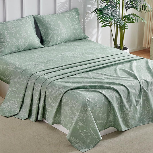 Tokokimo Floral Sheets Set King Size, 16 inches Deep Pocket Fitted Sheet, Flat Sheet & Envelope Closure Pillowcases, Soft Breathable Microfiber Sheet Set 4-Piece, Green and White Leaf Floral