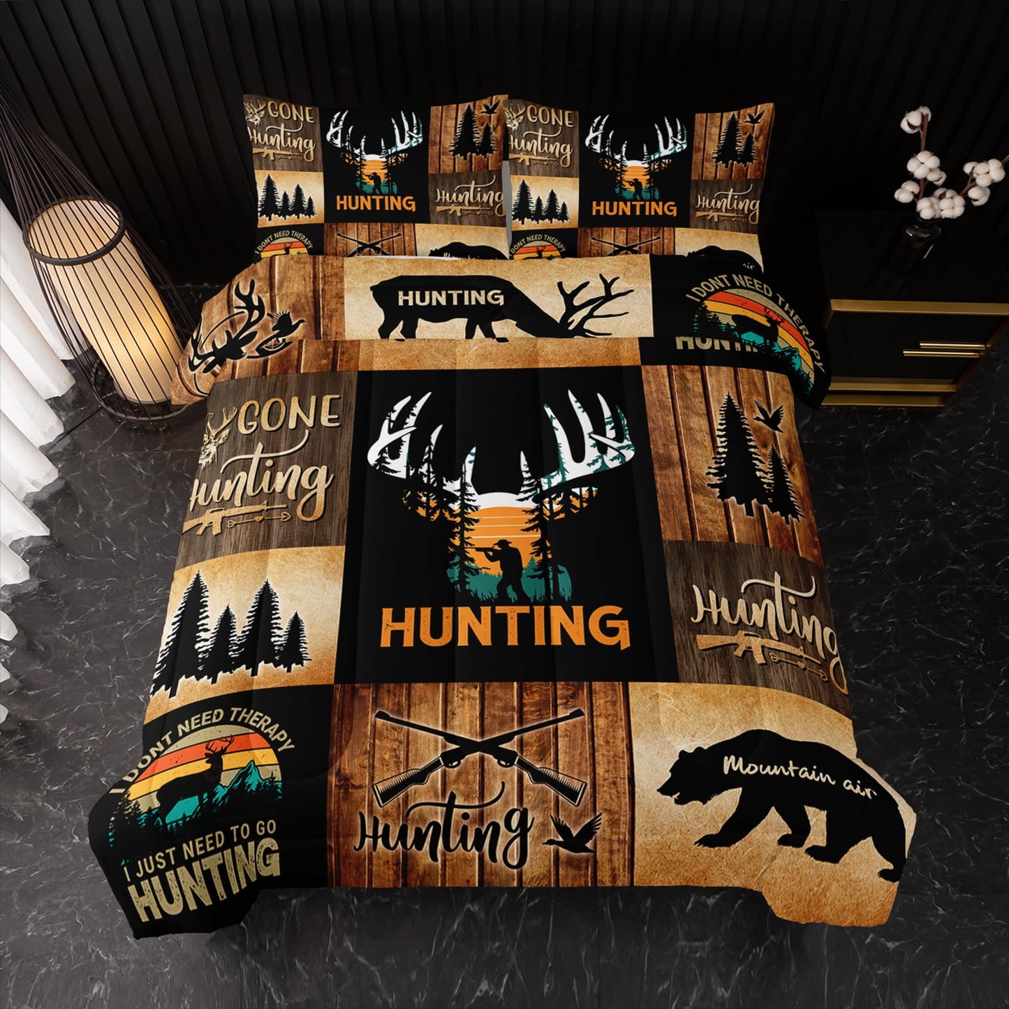 Nttopship Deer Moose Hunting Comforter Set Twin,Bear Hunting Bedding Set 3 Piece for Girls Women Teens Adult Kids Boys,Rustic Bear Comforter Set 3pcs Wildlife Hunting Room Decor with 2 Pillowcases