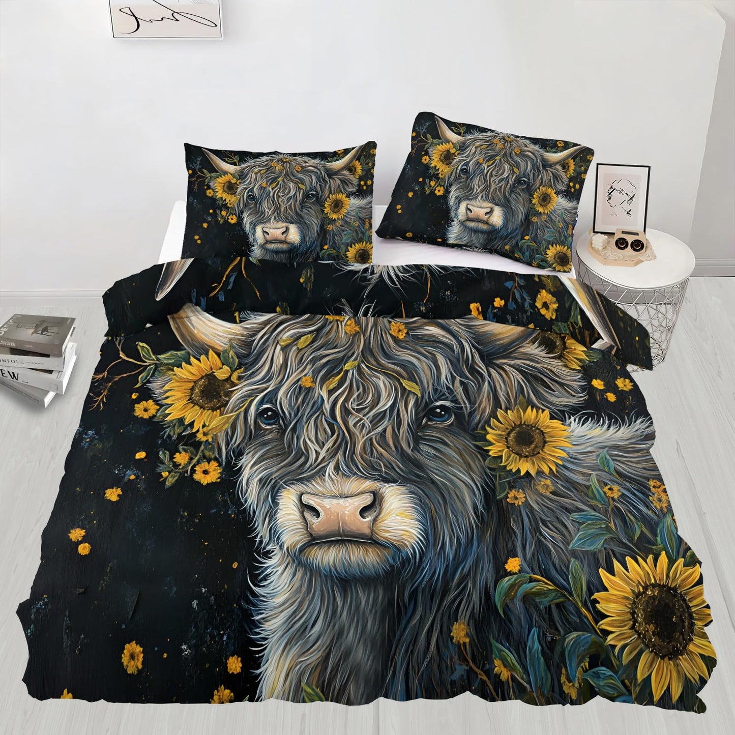 PAISUOQ Cow Print Bedding, Rustic Sunflower Duvet Cover Full, Farmhouse Cow Comforter Cover with Zipper Ties, 3 Pieces with 2 Pillowcases, Home Decor & Gifts