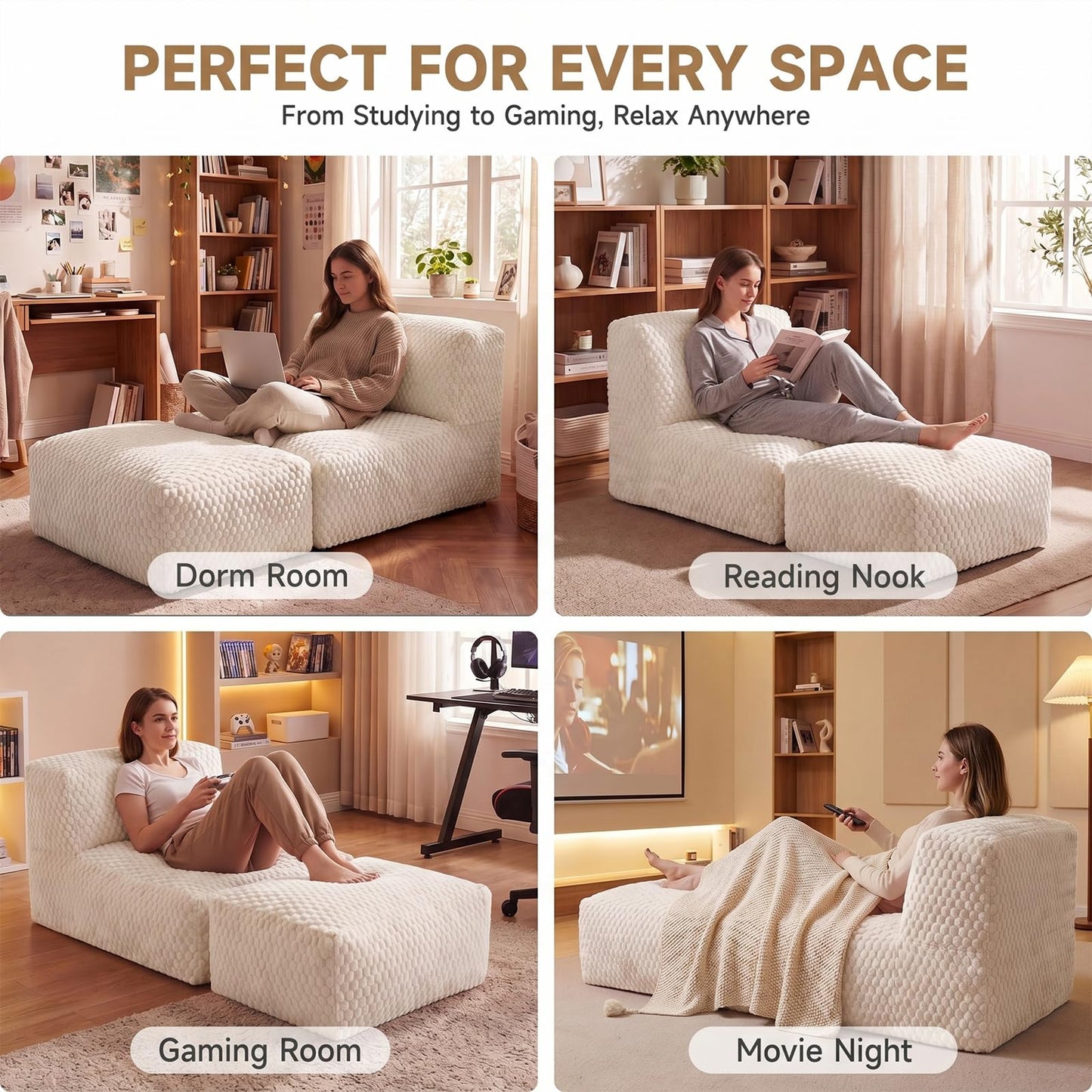 Gosopha Bean Bag Chair for Adults, Plush Beanbag Sofa Couch with Memory Foam Filler, Machine Washable Cover, Comfy Lounge Chair for Small Spaces, Reading, Gaming, Living Room & Bedroom Beige