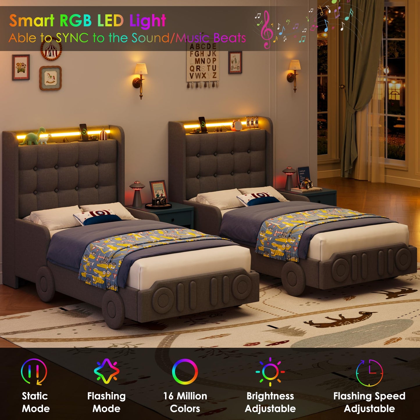 Keyluv Twin Car Bed Frame with LED Lights and Charging Station, Upholstered Platform Bed with Button Tufted Headboard and Wheels, No Box Spring Needed, Noise-Free, Easy Assembly, Fabric, Dark Grey