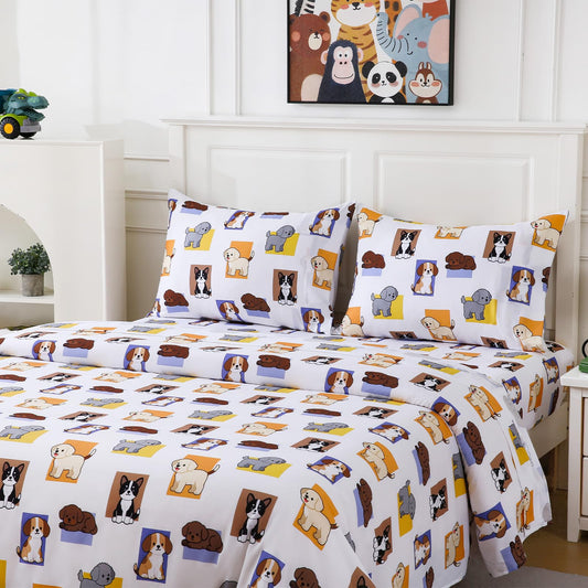 MCO Pet Dog Twin Sheets Set for Kids, Soft Microfiber Bed Sheet Set for Boy Girls, 3 Pieces Breathable Twin Sheets with 1 Flat Sheet 66" x 96", 1 Fitted Sheet 39" x 75", 1 Pillowcase 20" x 30"