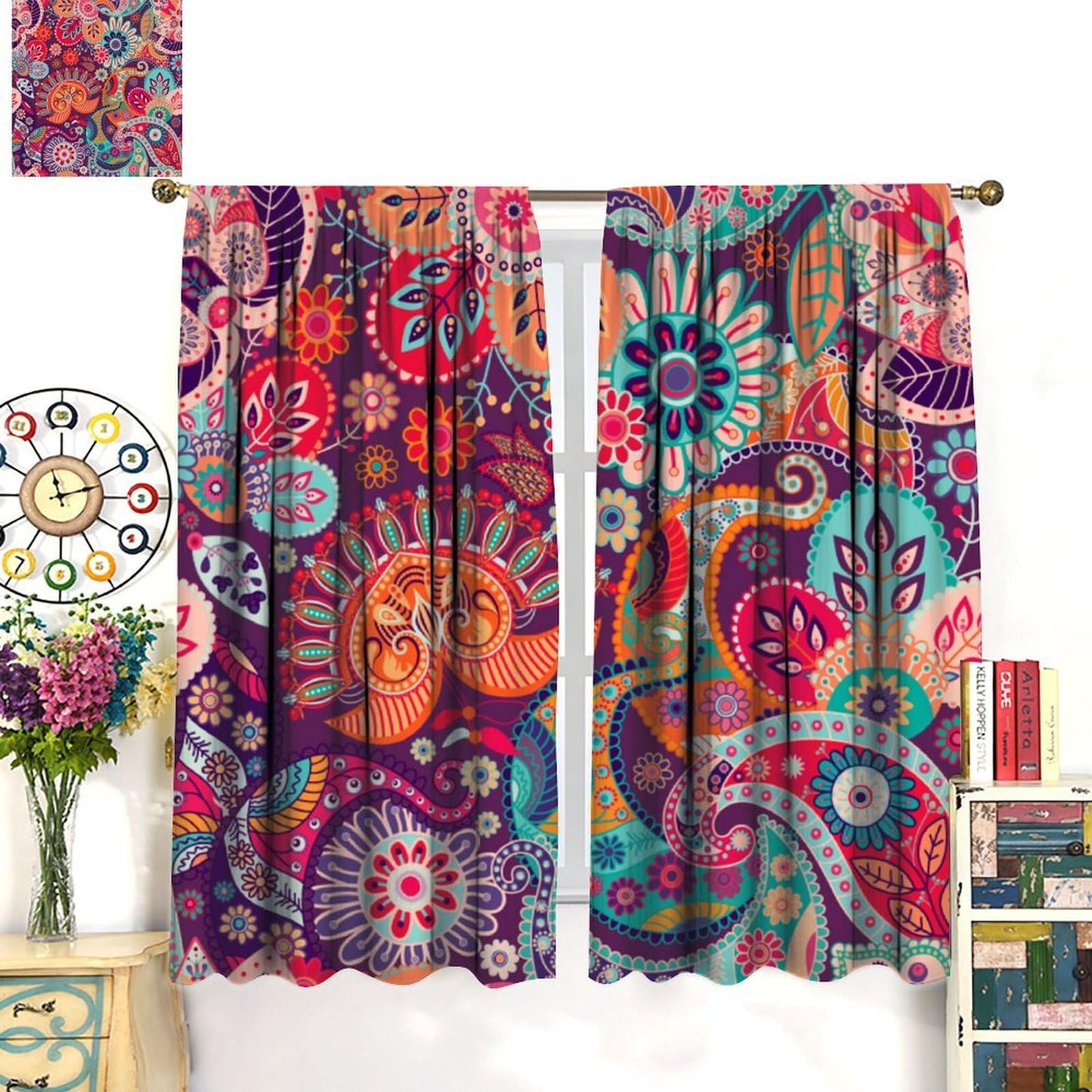 Djaby Boho Paisley Floral Curtains, Mandala Indian Bohemian Colorful Flowers Print Window Curtain for Bedroom Living Room Home 42" W X 45" L(No Blackout)