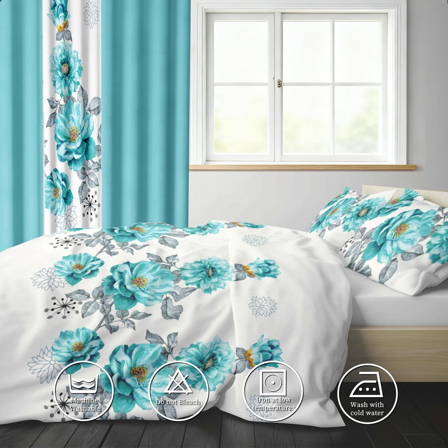 Deepsleep Queen Bedspread Set 9 Pieces, All Season Luxury Bed in a Bag for Bedroom, with 2 Pillowcases and 6 Curtains, Ultra-Soft Microfiber for Complete Bedroom Decor,Queen Size Sapphire Flower