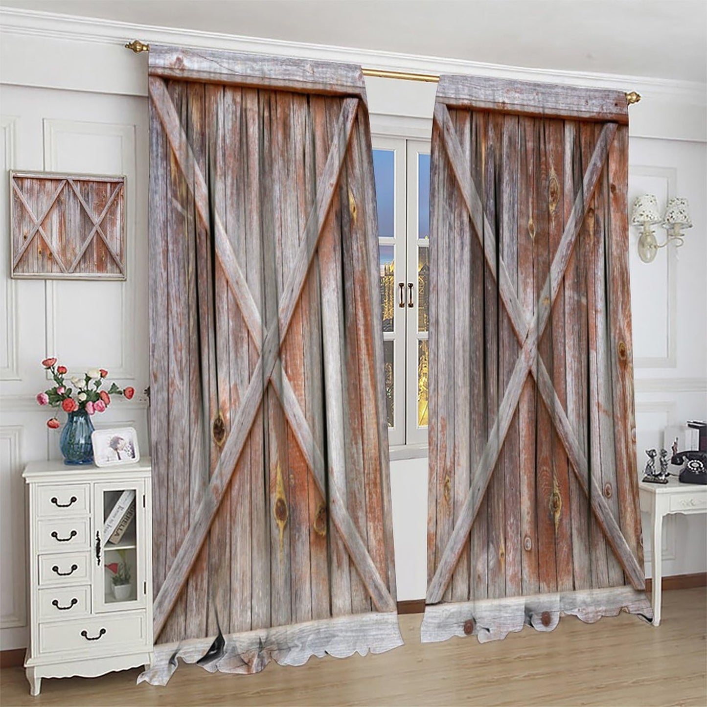 Rustic Window Curtains, Old Barn Door Wooden Board for Living Room Bedroom Kitchen, Rural Hardwood Farmhouse Western Retro Drapes Set 2 Panels,42x45 Inches