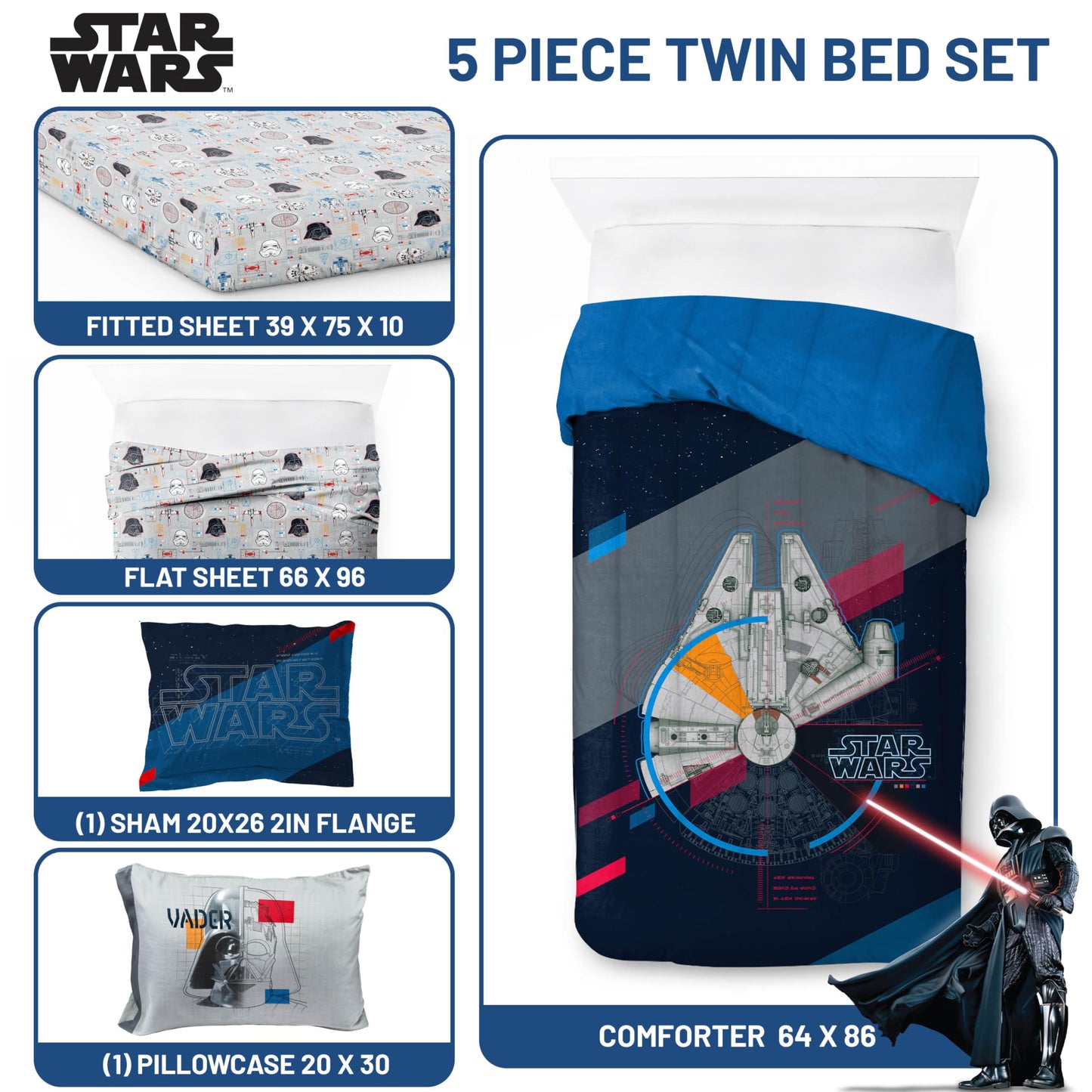 Jay Franco Kids Bed Set, Dark Blue, Star Wars, 5 Piece Twin