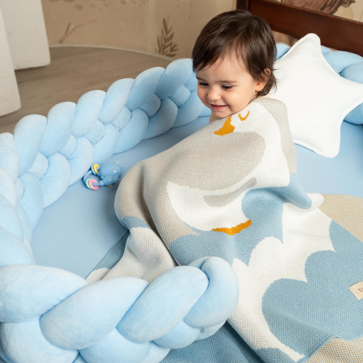 tweezi 100% Organic Cotton Baby Blanket – Soft Knitted Breathable Swaddle Blanket for Crib & Stroller - Newborns, Infants & Toddlers – Hypoallergenic High Density Cotton Knit, 47x32 in (Goose, Blue)