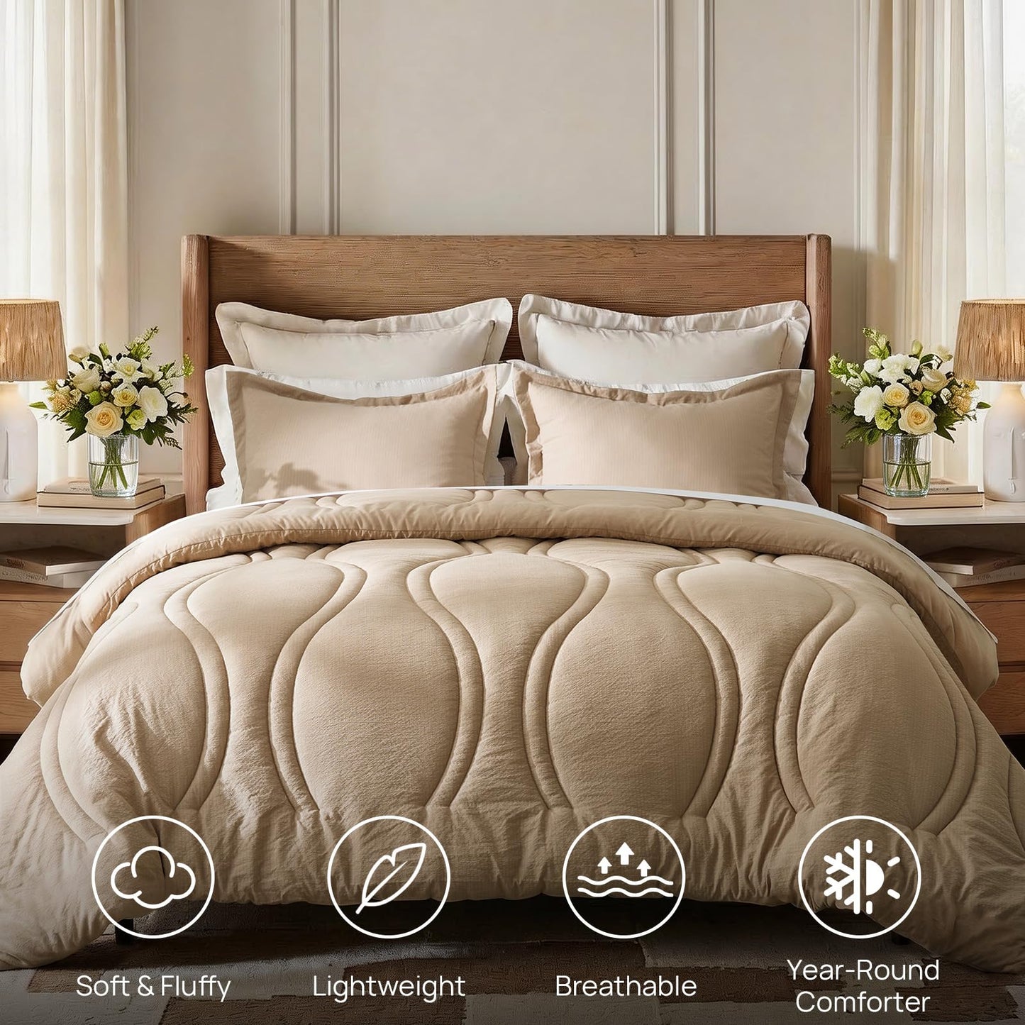 King Size Comforter Set 3 Pieces: Taupe Quilted 104"X90" Comforter With Vase Striped Pattern Design- Modern Dark Khaki Cozy Fluffy Soft All Seasons Jacquard Bed Set with 2 Pillow Shams for Bedroom