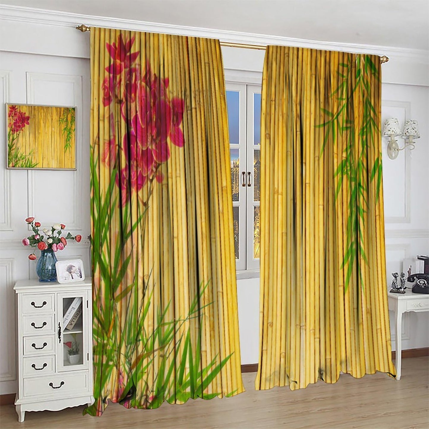 TYVGICZ Bamboo Floral Curtains, Elegantly Bamboo Asian Japanese Chinese Leaves Yellow Red Pink Green Window Treatments for Bedroom Living Room Drapes 2 Panels 42x45 Inch