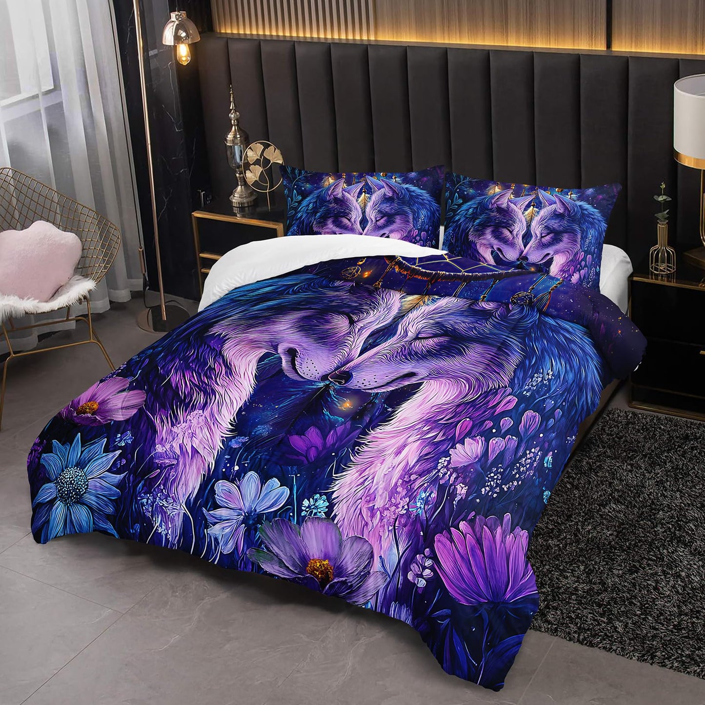 lneffble Purple Wolf Bedding Comforter Set Full Size，Dreamcatcher Flower Quilt Bedding Set Full，with 1 Comforter with 2 Pillow Case，Wolf Bedroom Decor for Kids Girls Boy