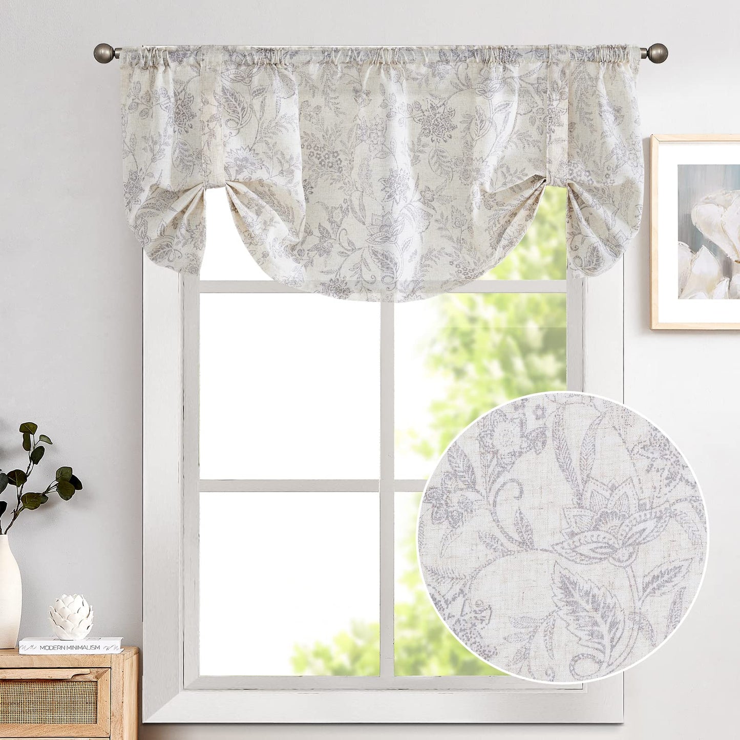 Lazzzy Kitchen Tie Up Valance Curtain Linen Floral Farmhouse Valance for Living Room Bathroom Bedroom Country Valances Window Treatments Small Cafe Curtian 20 Inch Rod Pocket 1 Panel Grey on Beige