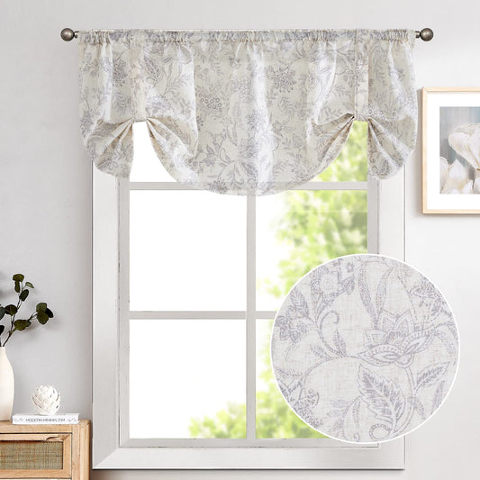 Lazzzy Kitchen Tie Up Valance Curtain Linen Floral Farmhouse Valance for Living Room Bathroom Bedroom Country Valances Window Treatments Small Cafe Curtian 20 Inch Rod Pocket 1 Panel Grey on Beige