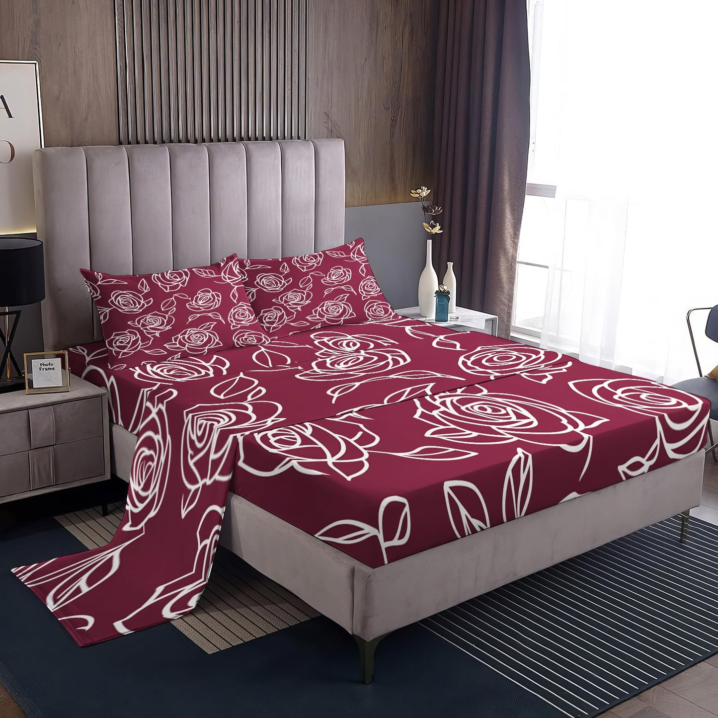 NOGAWA Burgundy Rose Bed Sheets, Abstract Floral Sheets, Bedroom Decor, Queen Sheets Set Flower, Bedding Sheets, 16 Inch Deep Pocket Fitted Sheet, Flat Sheet, Pillowcases