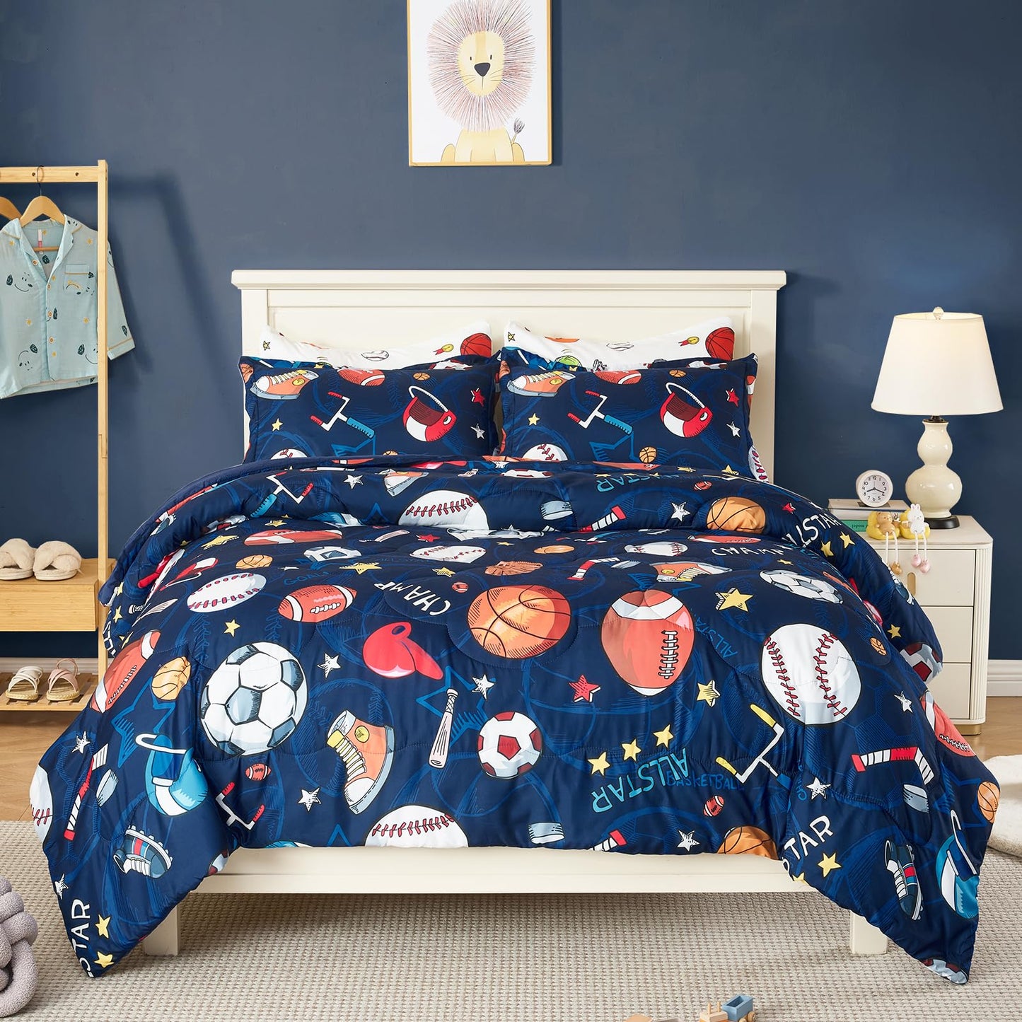 Jameswish 7 Pieces Sports Comforter Set for Boys Kids Soft Fluffy Baseball Bedding Set Twin Size with 3D Soccer Basketball Football Design Bed in A Bag as Gifts