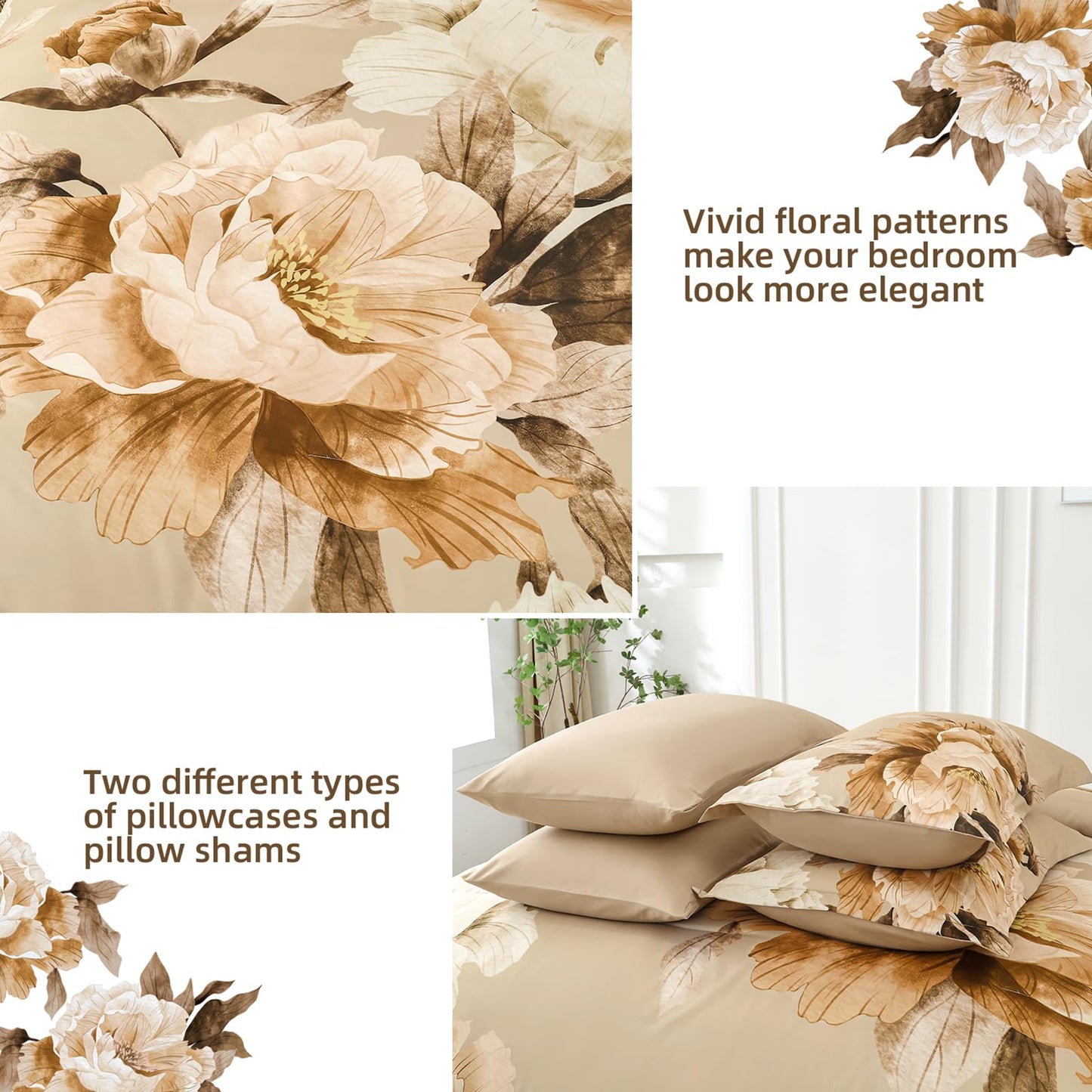 Dobuyly Khaki King Size Comforter Set 7 Piece Bed in a Bag King, Taupe Floral Fall Comforter Set with Sheets, Soft Microfiber Farmhouse Complete Bedding Set for All Season
