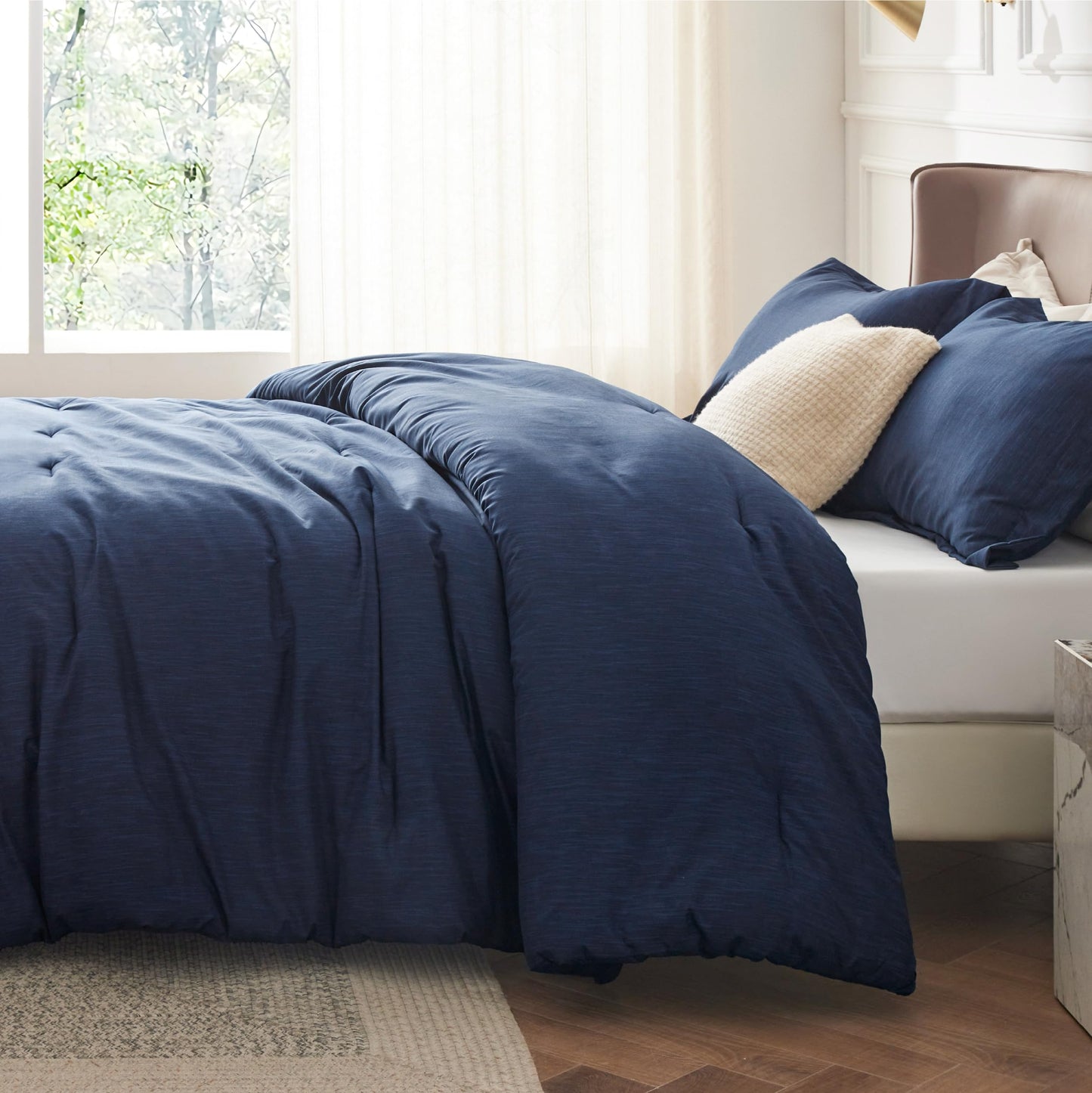 Bedsure Navy Blue Queen Comforter Set -Soft Bedding for All Seasons, Cationic Dyed Bed Set, 3 Pieces, 1 Queen Size Comforter (90"x90") and 2 Pillow Shams (20"x26"+2")