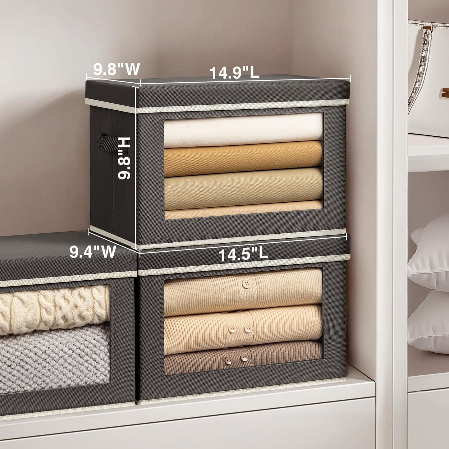 Homsorout Storage Bins with Lids - Fabric Storage Boxe with Window, Collapsible Closet Organizers with Handles, 3 Pack Decorative Bin, Home Cubes Baskets for Clothes, Hat, Books, Dark Grey