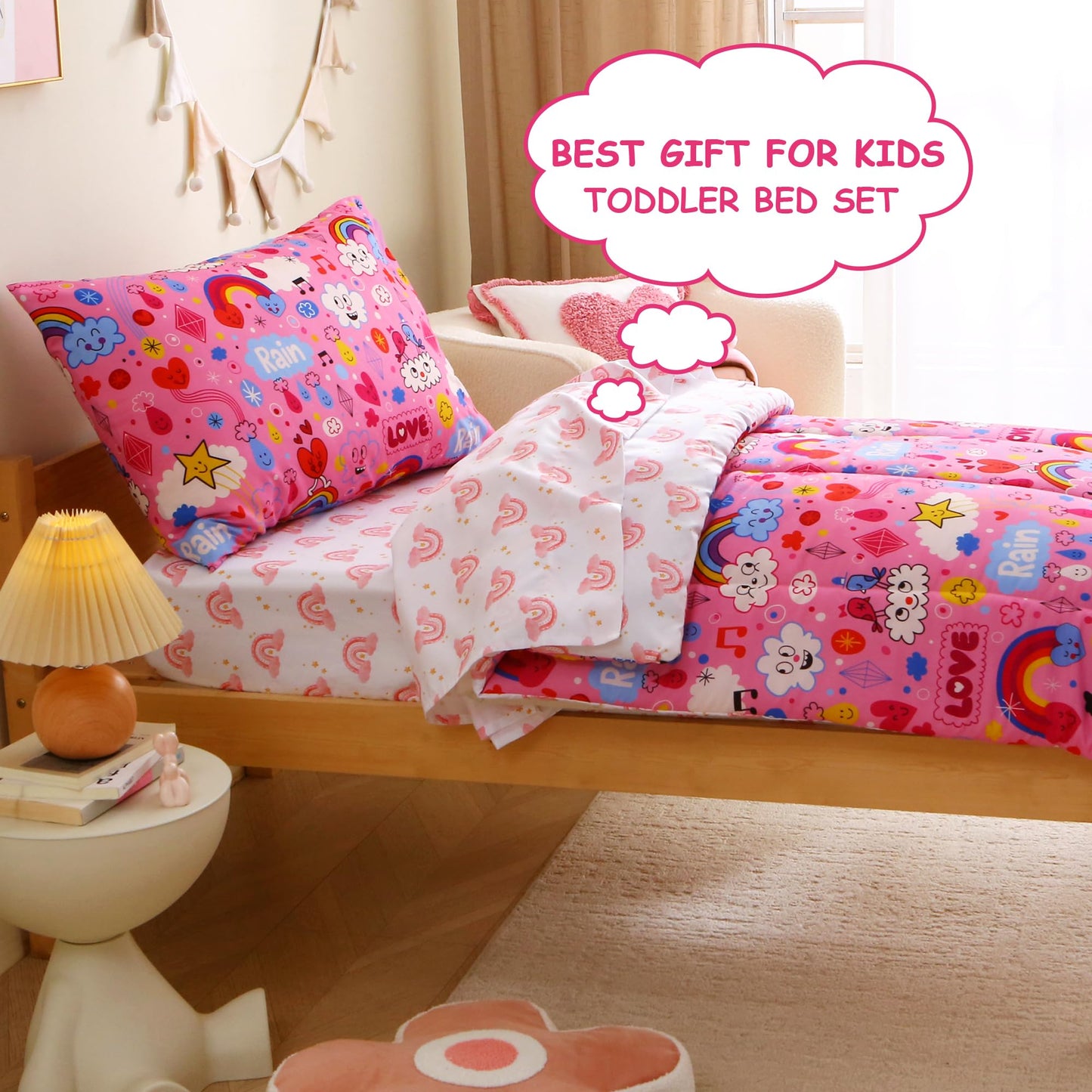Mooreeke 4 Pieces Toddler Bedding Set - Pink Rainbow Cloud Toddler Comforter Sets for Girls, Includes Comforter, Flat Sheet, Fitted Sheet and Pillowcase, Bed in A Bag for Baby Bedroom